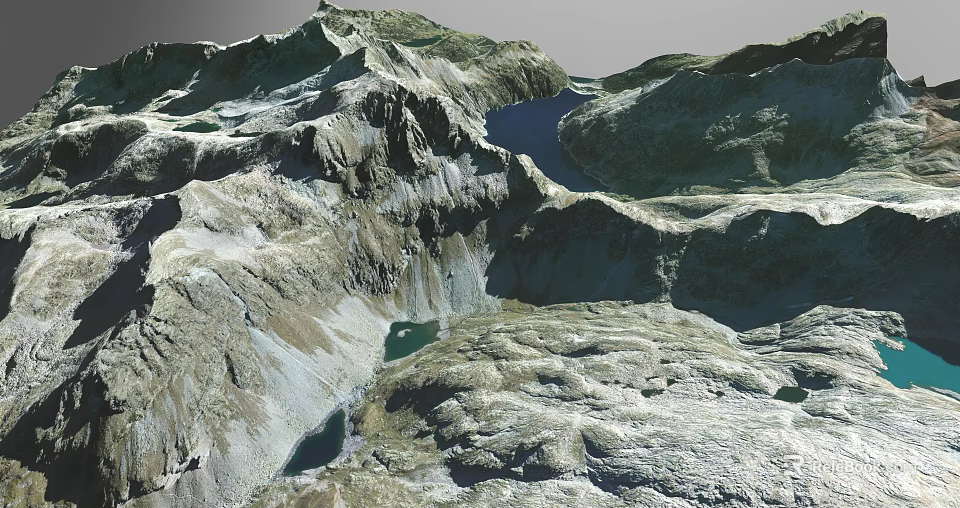 Snow Covered Mountain Landscape with Deep Valleys and Turquoise Lakes in Natural Scenic Environment 3d model 