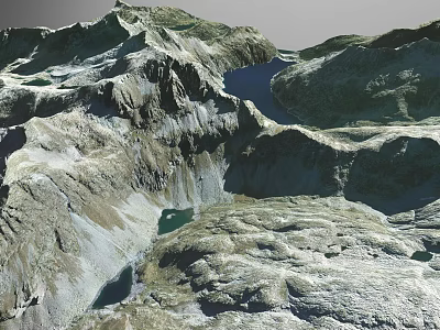 Snow Covered Mountain Landscape with Deep Valleys and Turquoise Lakes in Natural Scenic Environment 3d model