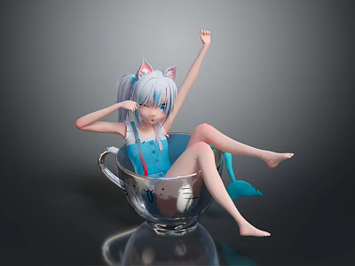 Anime Game Character With Blue Hair Cat Ears In Blue Overalls Sitting In Transparent Teacup 3d model