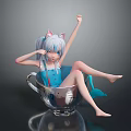 Anime Game Character With Blue Hair Cat Ears In Blue Overalls Sitting In Transparent Teacup