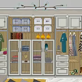 Modern Spacious Wardrobe Interior With Hanging Clothes Folded Storage Drawers Glass Doors And Decorative Trophy