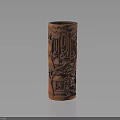 Intricately Carved Wooden Brush Pot With Traditional Scenic Patterns And Cylindrical Shape