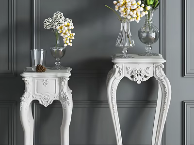 Two White Carved Flower Stands Against Gray Wall With Vases White Flowers And Pine Cones 3d model