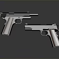 Two Modern Pistols with Black Body and Brown Wooden Grips on Gray Reflective Background