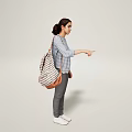 Woman In Striped Top Gray Pants And White Shoes With Striped Bag On Light Background
