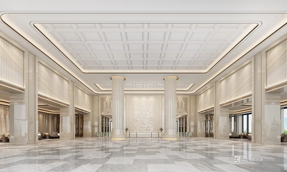 Luxurious Hotel Lobby with White Ceiling Grid Design Decorative Columns and Marble Flooring 3d model 