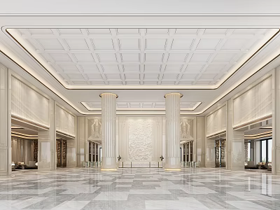 Luxurious Hotel Lobby with White Ceiling Grid Design Decorative Columns and Marble Flooring 3d model