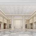 Luxurious Hotel Lobby with White Ceiling Grid Design Decorative Columns and Marble Flooring