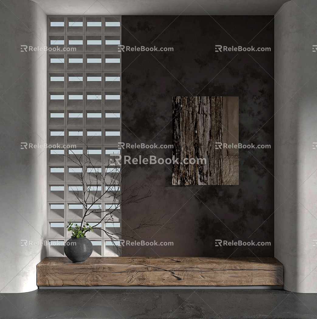 Quiet Ancient Bench Cement Brick Partition Pottery Pot Dead Branches 3d model