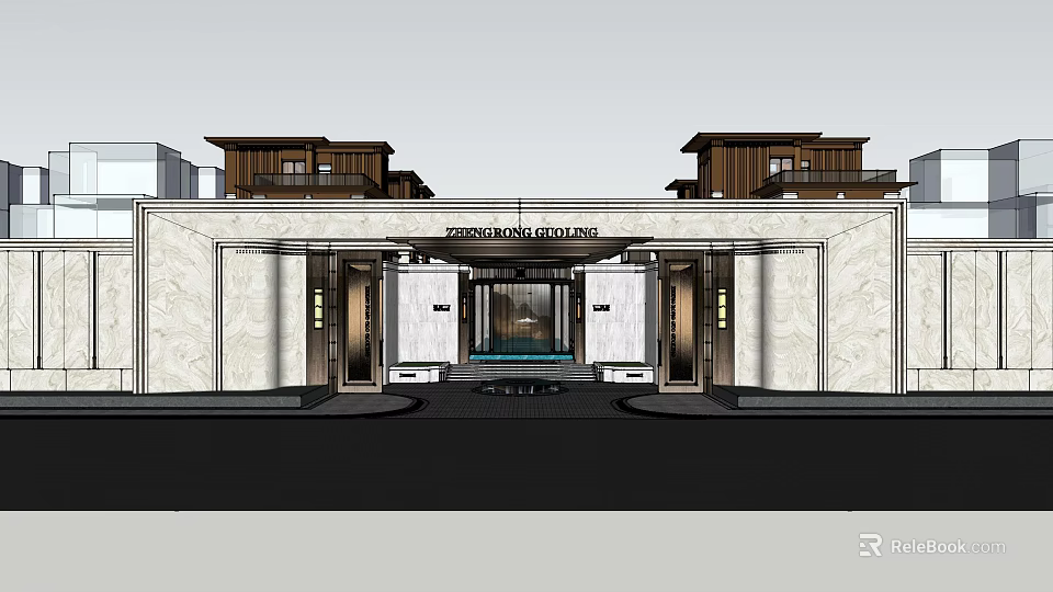 Grand Hotel Entrance With Symmetrical Marble Facade Wooden Roof And Glass Windows Design 3d model 