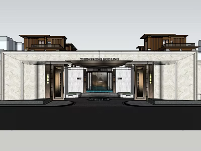 Grand Hotel Entrance With Symmetrical Marble Facade Wooden Roof And Glass Windows Design 3d model