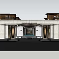 Grand Hotel Entrance With Symmetrical Marble Facade Wooden Roof And Glass Windows Design