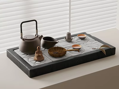 Zen Tea Tray With Teapot Small Buddha Statue Wooden Plate Tea Cups Spoon And Leaf 3d model