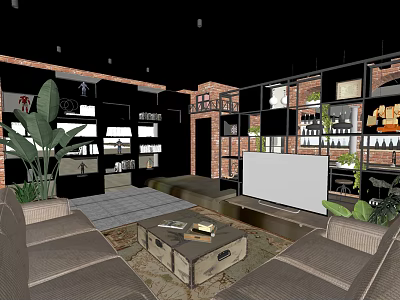 Modern Industrial Hotel Public Lounge Area With Sofas TV Screen Green Plants And Brick Walls 3d model