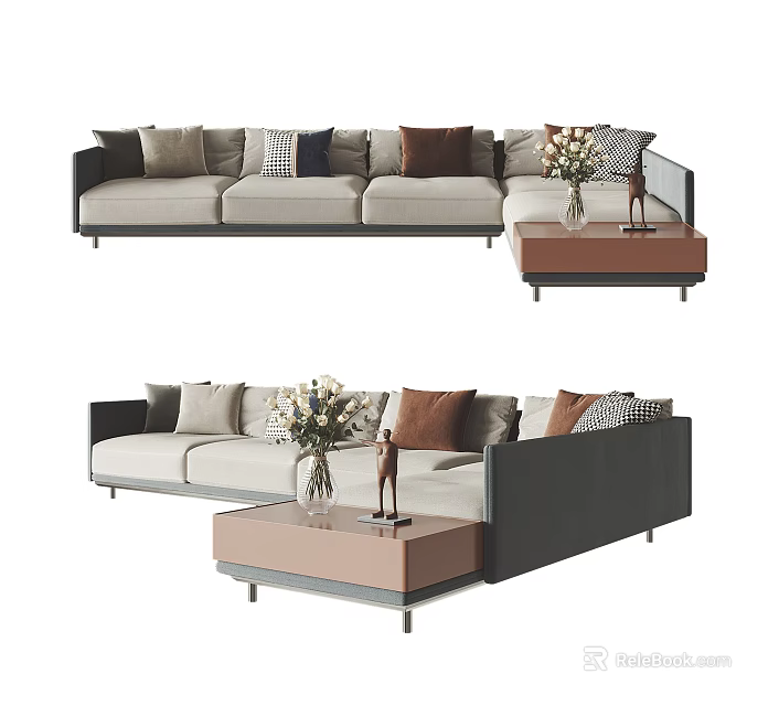 Modern Sectional Sofa With Assorted Color Pillows And Coffee Table With Flowers 3d model