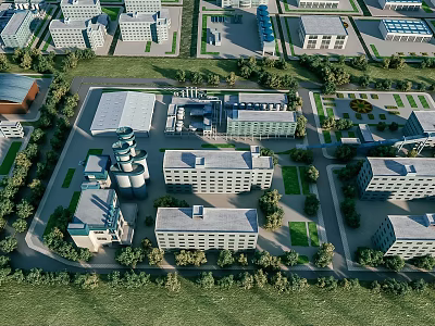 Industrial Factory Aerial Perspective Integrated Layout With Green Spaces And Adjacent Buildings 3d model