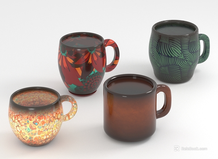 Colorful Decorative Mugs With Various Patterns And Designs On White Background 3d model 