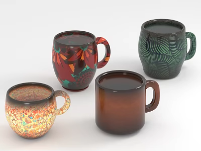 Colorful Decorative Mugs With Various Patterns And Designs On White Background 3d model