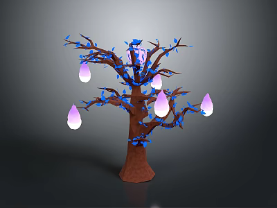 Decorative Tree with Brown Trunk Blue Leaves and Pink Pear Shaped Fruits 3d model