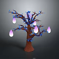 Decorative Tree with Brown Trunk Blue Leaves and Pink Pear Shaped Fruits