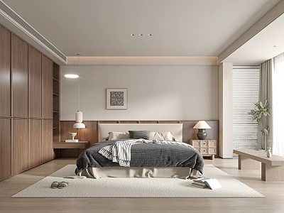 Modern Bedroom Interior With Wooden Wardrobes Bedside Tables Table Lamps And Area Rug 3d model