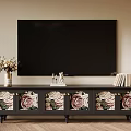 Dark Colored TV Stand With Floral Patterned Drawers Vase Flowers Decorative Items And Books