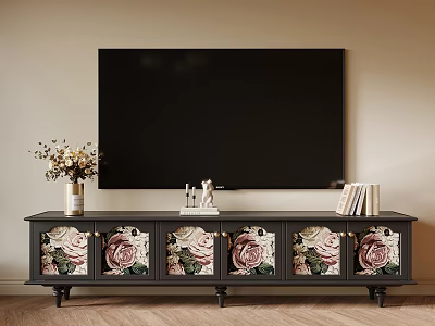 Dark Colored TV Stand With Floral Patterned Drawers Vase Flowers Decorative Items And Books 3d model