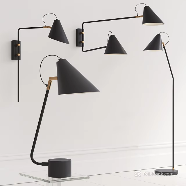 Modern Minimalist Lighting Combination With Black Wall Table And Floor Lamps With Metal Details 3d model 