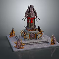 Cartoon Scene Of Mystical Castle With Spiked Roofs Red Windows And Golden Decorations