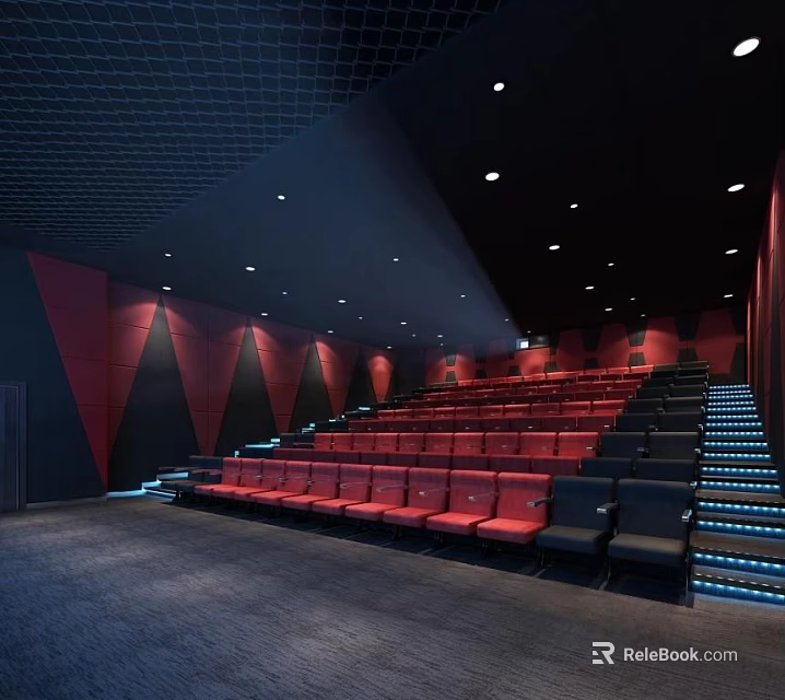 Modern Cinema Interior With Red Seats Staircase Seating Blue Lighting And Black Ceiling 3d model 