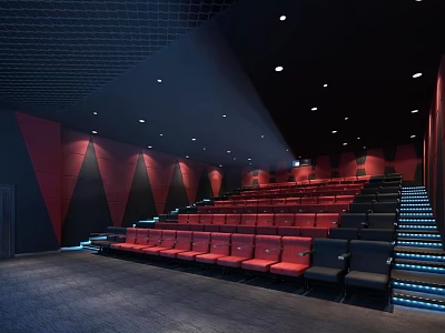 Modern Cinema Interior With Red Seats Staircase Seating Blue Lighting And Black Ceiling 3d model