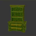 Elegant Green Wooden Cabinet with Drawers and Open Shelves Decorative Details