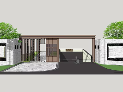 Modern Entrance Gate Design With Metal Grille Stone Wall And Greenery 3d model