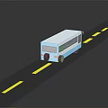 Blue and White Bus Driving on Road With Yellow Lines and Reflection