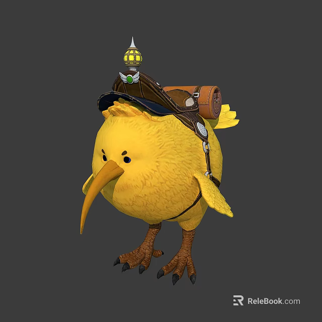 Cute Yellow Bird Character With Lantern Hat Backpack And Leather Harness 3d model 