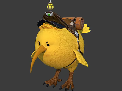 Cute Yellow Bird Character With Lantern Hat Backpack And Leather Harness 3d model