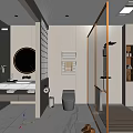 Modern Bright Minimalist Bathroom Interior With Gold Framed Glass Shower Smart Toilet And Round Mirror