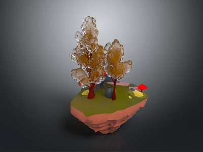 Orange Yellow Leaf Trees with Red Trunks on Floating Green Grass Island and Red Flowers 3d model