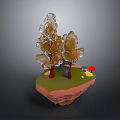 Orange Yellow Leaf Trees with Red Trunks on Floating Green Grass Island and Red Flowers