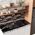 Modern Kitchen Cabinets With Marble Countertop Colorful Tile Backsplash Wooden Shelves And Stainless Steel Refrigerator