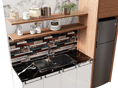Modern Kitchen Cabinets With Marble Countertop Colorful Tile Backsplash Wooden Shelves And Stainless Steel Refrigerator 3d model