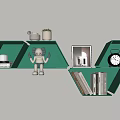 Green Hexagonal Wall Cabinets with White Ornaments Potted Plant Robot Model Clock Books and Decorations