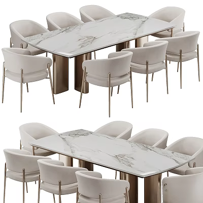 Elegant Modern Dining Table and Chair Set with Marble Top Metal Legs Upholstered Seats 3d model