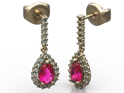Elegant Gold Teardrop Earrings With Pink Gemstone And Surrounding Diamonds 3d model