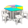 Hexagonal Desk With Colorful Top And White Stools For Modern Study Space 3d model