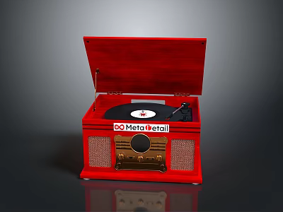Red Phonograph With Open Lid Vinyl Record And Metro Retail Label 3d model