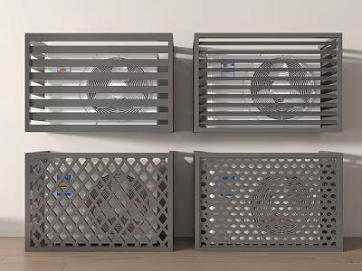 Four Gray Framed Air Conditioner Fans With Different Grille Designs Mounted On Wall 3d model