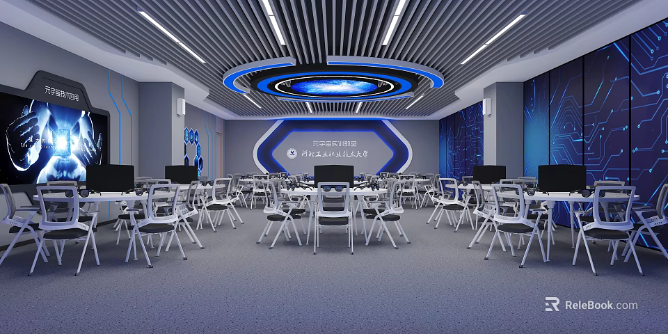 School Cloud Computing Innovation Lab With Modern Classroom Computer Equipment White Chairs And Blue Walls 3d model 