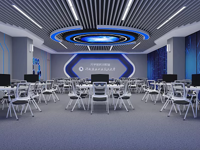 School Cloud Computing Innovation Lab With Modern Classroom Computer Equipment White Chairs And Blue Walls 3d model