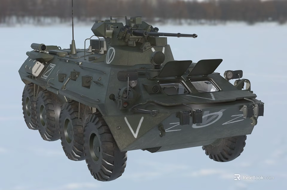 Armored Military Wheeled Utility Vehicle With Turret And Machine Gun In Snowy Environment 3d model 